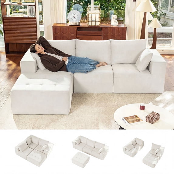 LazySunsets Modular Sectional Boneless Couch, Chenille Tufted Sectional Couches for Living Room, No Assembly L Shape Cloud Sofa with Throw Pillows & Storage Side Pocket (White)