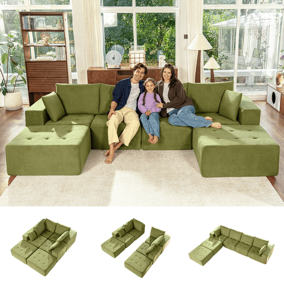 LazySunsets Modular Sectional Boneless Couch, Chenille Tufted Sectional Couches for Living Room, No Assembly U Shape Cloud Sofa with Throw Pillows & Storage Side Pocket (Green)