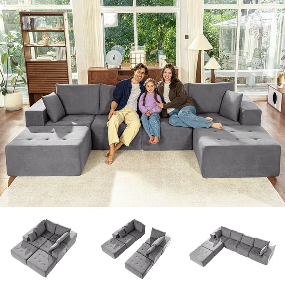 LazySunsets Modular Sectional Boneless Couch, Chenille Tufted Sectional Couches for Living Room, No Assembly U Shape Cloud Sofa with Throw Pillows & Storage Side Pocket (Gray)