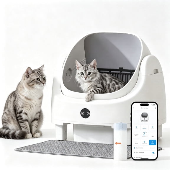 LazySunsets Open Top Self-Cleaning Cat Litter Box, Smart App Control with Safety Anti-Pinch Sensors, Includes Litter Mat & Odor Fragrance Box, White