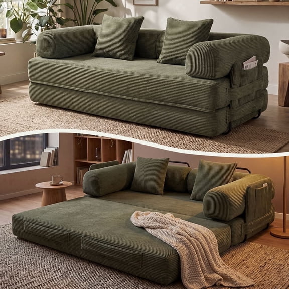 LazySunsets Sofa Bed Convertible Boneless Couch Corduroy Modular Couch Bed with Fixed-Shape Frame & Removable Armrests for Living Room, Bedroom Green