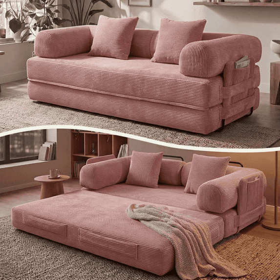 LazySunsets Sofa Bed Convertible Boneless Couch Corduroy Modular Couch Bed with Fixed-Shape Frame & Removable Armrests for Living Room, Bedroom Pink