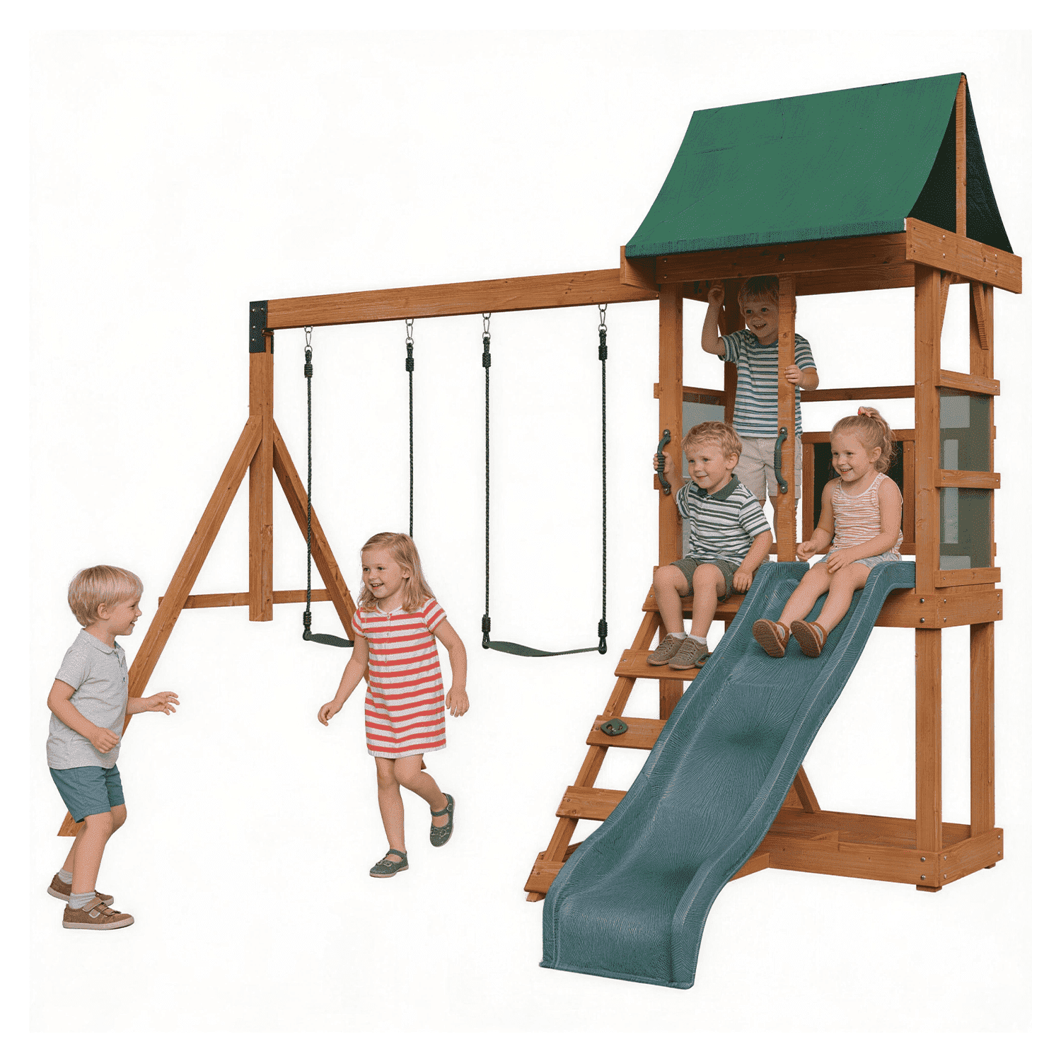 BaPiPro Wooden Backyard Swing Set，Outdoor Playground for Kids with Slide, Play Deck, Rock Wall Ladder, Belt Swings & Chalkboard