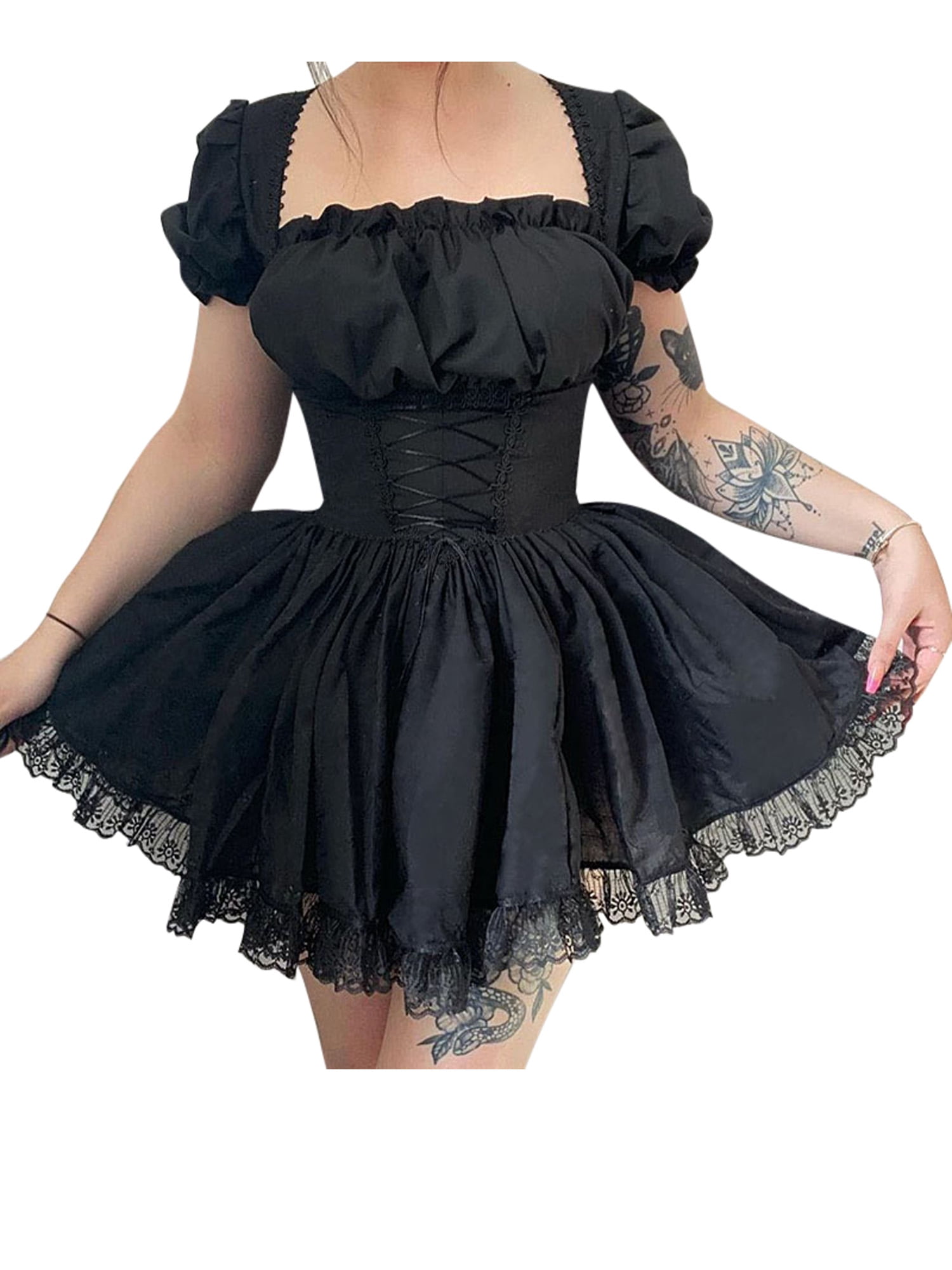Lazybaby Women Gothic Lolita Dresses Black Vintage Grunge Layered 