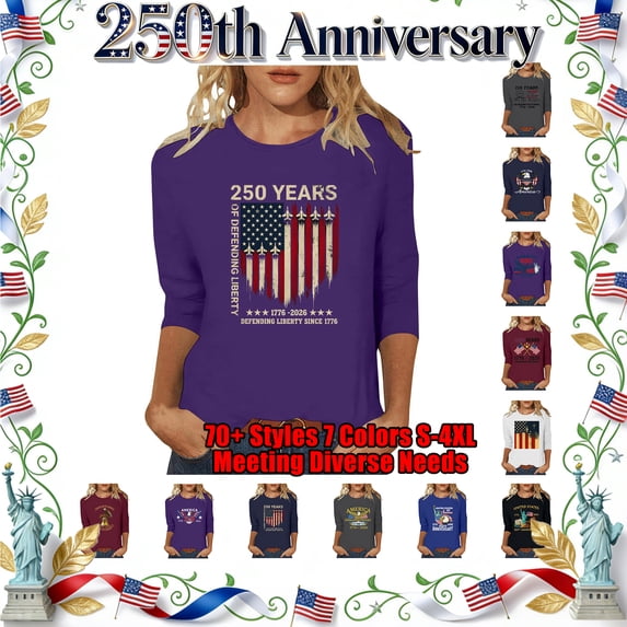 Lazyguy 1776-2026 America 250th Anniversary Blouses Women Graphic Printed Loose T-Shirts Crew Neck Cropped Sleeves Shirts Tees for Fourth of July Casual S-4XL Purple
