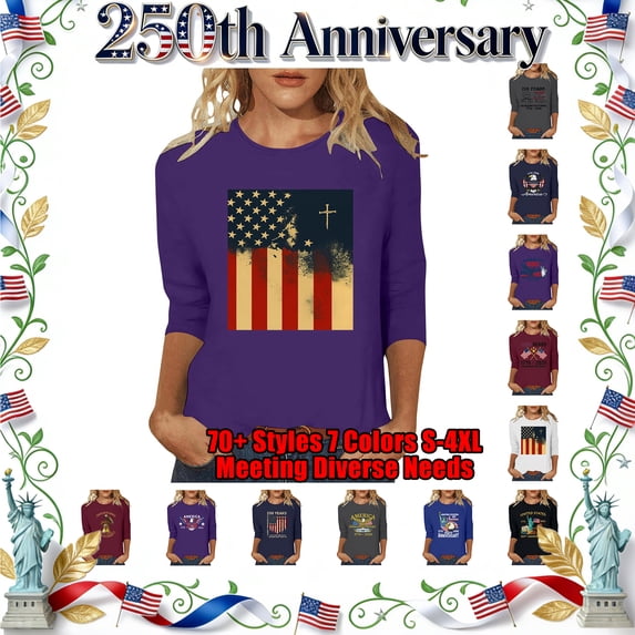Lazyguy 1776-2026 America 250th Anniversary Tees Women Graphic Printed Loose Shirts Crew Neck 3/4 Sleeves T-Shirts Tops for Fourth of July Casual S-4XL Purple
