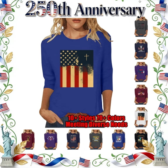 Lazyguy 1776-2026 The USA 250th Anniversary Tops Women Graphic Printed Loose Pullover Crew Neck Three-Quarter Sleeves T-Shirts Shirts for Party Festival S-4XL Blue