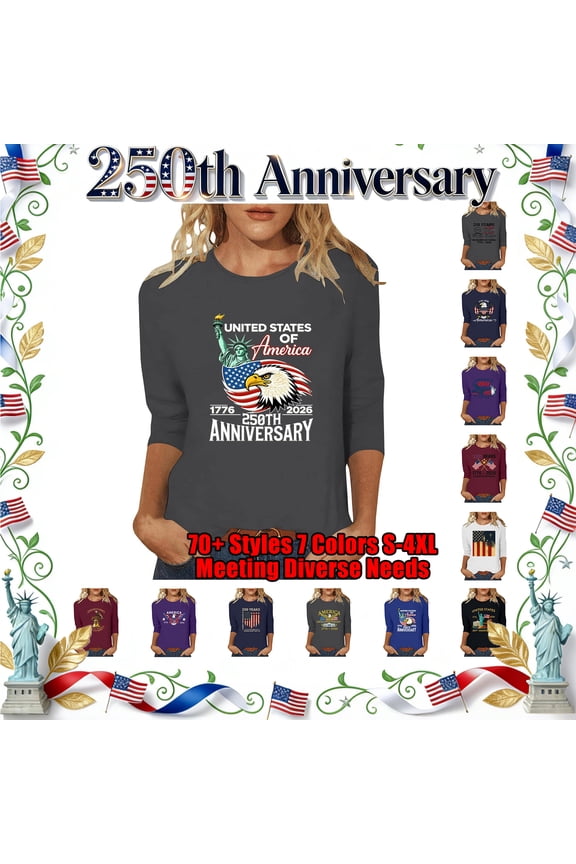 Fourth of July, Pullover Women Graphic Printed Casual Tees O-Neck Three-Quarter Sleeves Shirts T-Shirts for Party Festival S-4XL Gray