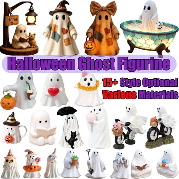 Lazyguy Halloween Resin Ghost Riding Bike Figurine, Spooky Cute Small Ghost Sculpture, Creative Desktop Ornament for Living Room Shelf Mantel Office Desk, 5.94" x 6.57" White