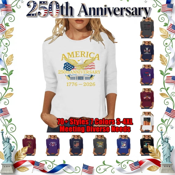 Lazyguy The US 250th Anniversary Tops Women Graphic Printed Loose Pullover Round Neck 3/4 Sleeves Tees T-Shirts for Party Festival S-4XL White