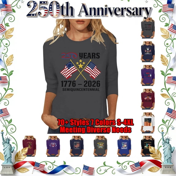 Lazyguy The US 250th Anniversary Blouses Women Graphic Printed Loose Tops O-Neck Bracelet Sleeves T-Shirts Shirts for Fourth of July Festival S-4XL Gray