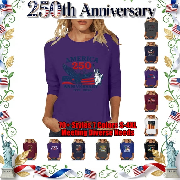 Lazyguy The USA 250th Anniversary Tees Women Graphic Printed Casual T-Shirts Round Neck Bracelet Sleeves Pullover Shirts for Festival Fourth of July S-4XL Purple
