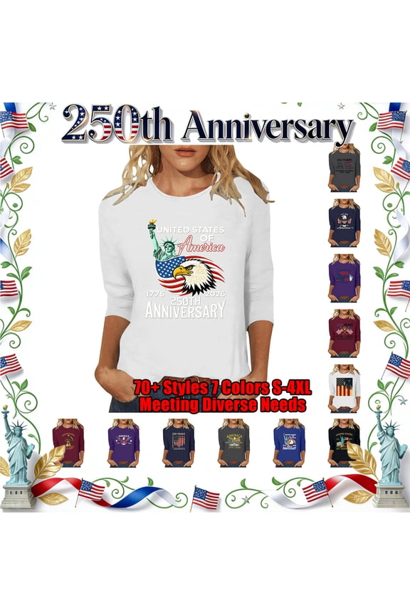 United States 250th Anniversary Blouses Women Graphic Printed Loose Tees O-Neck Bracelet Sleeves T-Shirts Pullover for Casual Festival S-4XL White