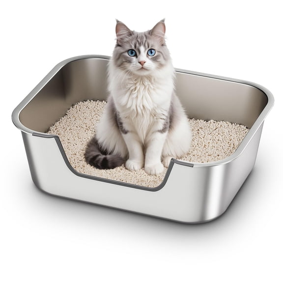 Lazynoon Stainless Steel Cat Litter Box with Low Entry, Metal Litter Box for Cats, Kitty, Odor Control, Easy Clean, 17" x 13" x 6"
