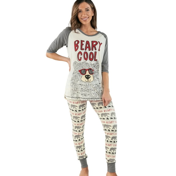 Lazyone Women's Soft Casual Pajama Leggings and Tall Tee Sets With Cute Fun Prints, Beary Cool
