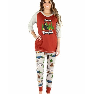Lazyone Women's Soft Casual Pajama Leggings and Tall Tee Sets With Cute Fun Prints, Happy Camper