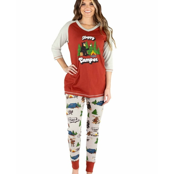 Lazyone Women's Soft Casual Pajama Leggings and Tall Tee Sets With Cute Fun Prints, Happy Camper