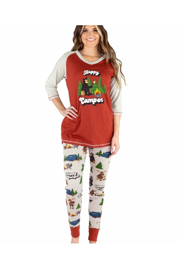Lazyone Women's Soft Casual Pajama Leggings and Tall Tee Sets With Cute Fun Prints, Happy Camper