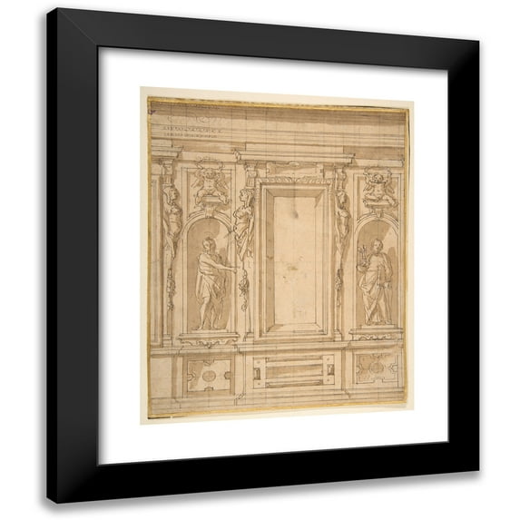 Lazzaro Tavarone 12x14 Black Modern Framed Museum Art Print Titled - Wall Elevation with a Window and Statues of Saint John the Baptist and Saint Peter in Niches (1556-1641)