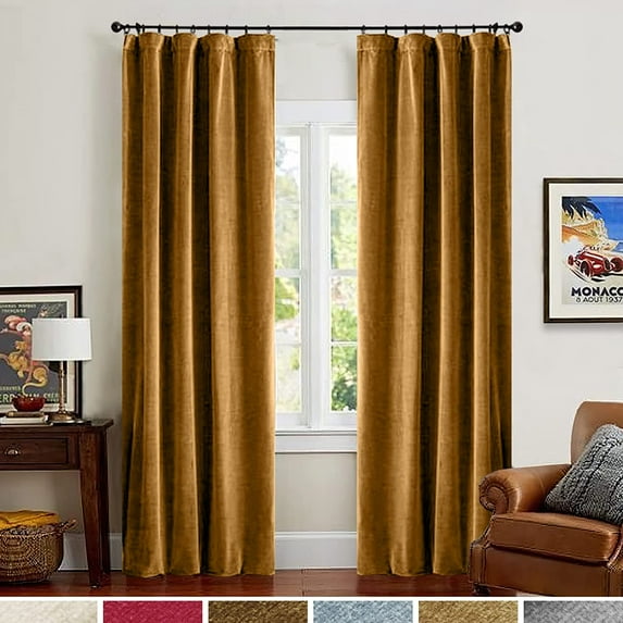 Lazzzy Blackout Velvet Curtains Living Room Darkening Drapes 2 Panels Rod Pocket Thermal Insulated Soft Privacy Window Treatments Gold Brown 52" x 120"