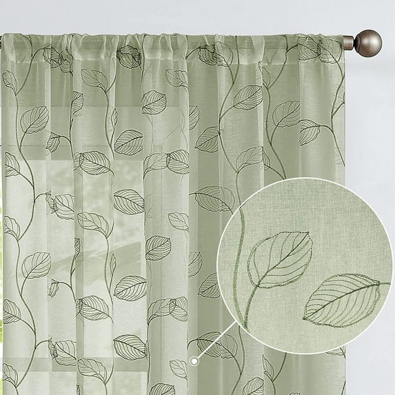 Lazzzy Sheer Curtains Leaf Embroidered Farmhouse Window Treatments Set 2 Panels Light Filtering Voile for Living Room Bedroom Rod Pocket Drapes Sage W55" x L95"