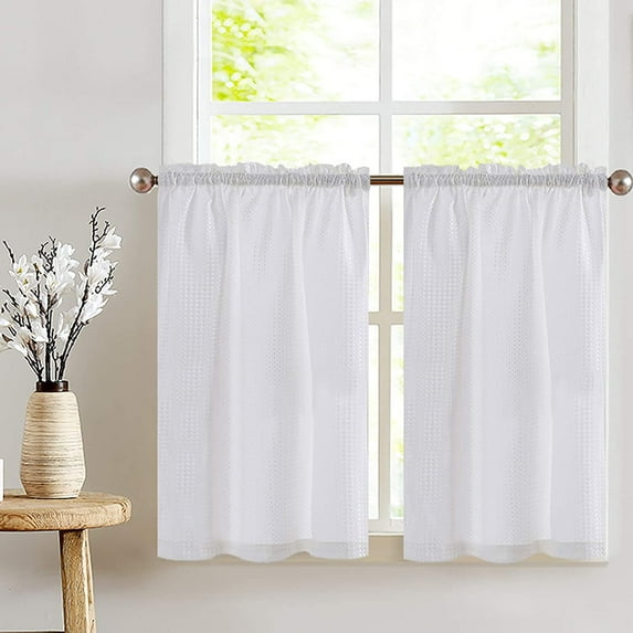 Lazzzy White Kitchen Curtains 36 Inch Tier Curtains Waffle Textured Cafe Curtains for Bathroom Short Window Curtain Rod Pocket 2 Panels