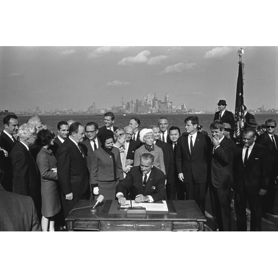 Lbj'S Great Society Programs. President Lyndon Johnson Signing The Immigration Bill On Liberty Island In New York Harbor. The Liberal Law Opened Us Borders To Non-European Immigrants History (24 x 18)