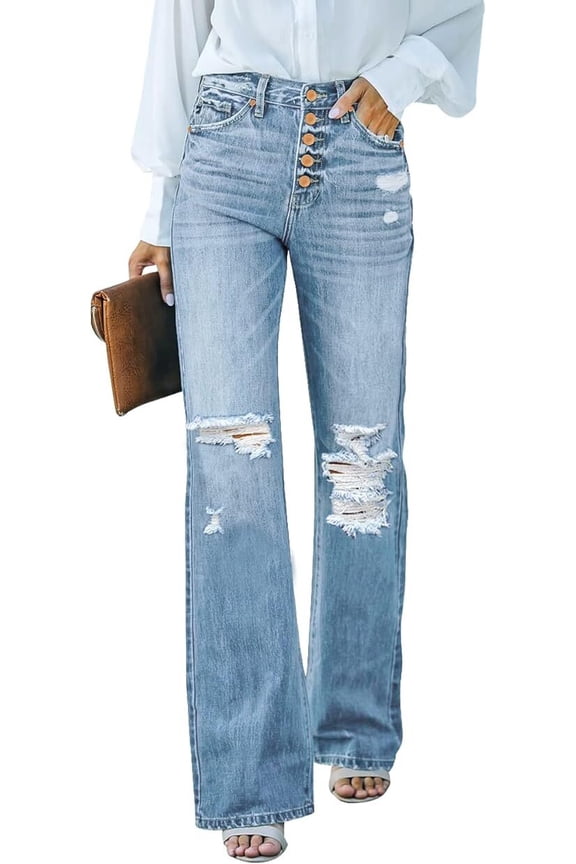 High Waisted Ripped Flare Jeans for Women Distressed Bell Bottom Jeans Wide Leg Pants