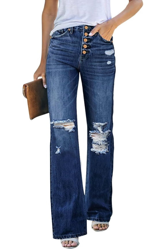 High Waisted Ripped Flare Jeans for Women Distressed Bell Bottom Jeans Wide Leg Pants