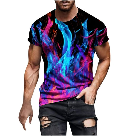 LbsKUS 3D Fire Graphic Colorful T-Shirts Short Sleeve Crew Neck Print Tee for Men Novelty Hawaiian Holiday Summer Funny Tops,Multicolor,XXL