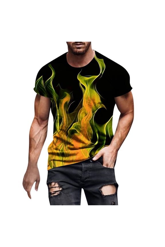 3D Fire Graphic Colorful T-Shirts Short Sleeve Crew Neck Print Tee for Men Novelty Hawaiian Holiday Summer Funny Tops,Multicolor,XXXL