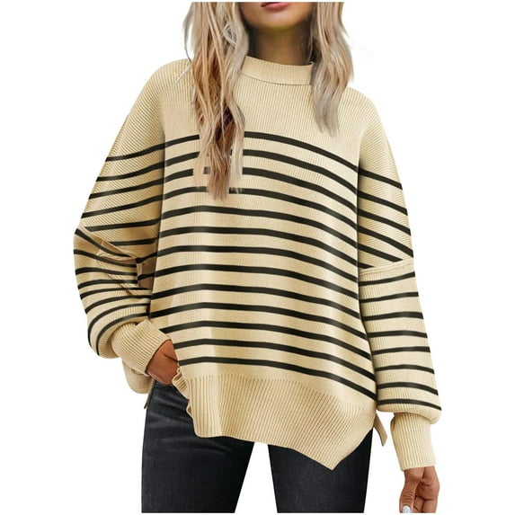 LbsKUS Tunic Tops for Women Loose Fit Batwing Long Sleeve Sweater Striped Color Block Long Tunic Sweaters Fall Outfits(Beige,Medium)
