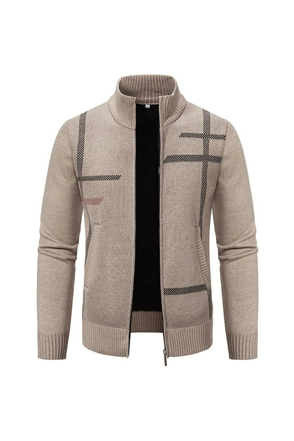 Clearance! Men's Shawl Collar Cardigans Slim Fit Knit Sweaters Full Zip Up Long Sleeve Cardigan Sweater Vintage Moke Neck Jackets Coat with Pockets(Beige,L)