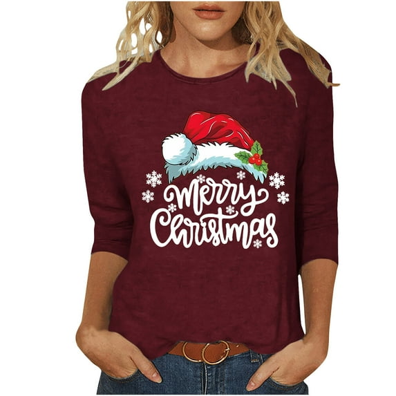 LbsKUS Clearance,Merry Christmas Shirts Women Xmas Santa Hat Graphic Blouse Tshirt Tops Cute Snowflake Letter Shirt 3/4 Sleeve Raglan Christmas Tee Tops(Wine,XL)