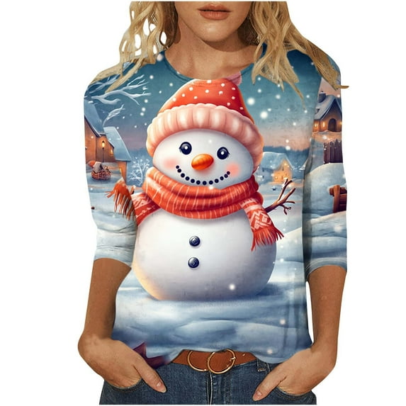 LbsKUS Clearance Sale,Christmas Shirts for Women 2024 Cute Xmas 3D Graphic Tops Funny Snowflake Snowman Holiday Shirt 3/4 Sleeve Pullover Top Ladies Clothes(Multicolor,S)