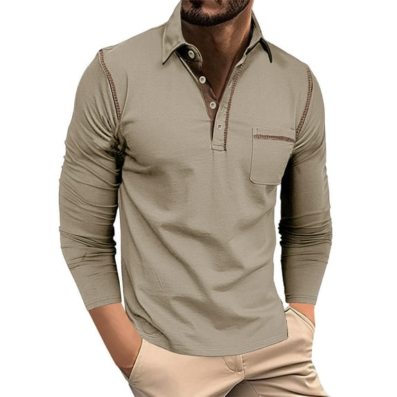 LbsKUS Clearance Sale,Mens Long Sleeve Polo Shirts Regular Fit Cotton Golf Shirt Moisture Wicking Casual Collared Tops Basic Stylish Shirt with Pocket(Khaki,XL)