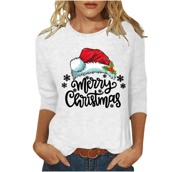 LbsKUS Clearance Sale,Merry Christmas Shirts Women Xmas Santa Hat Graphic Blouse Tshirt Tops Cute Snowflake Letter Shirt 3/4 Sleeve Raglan Christmas Tee Tops(White,L)