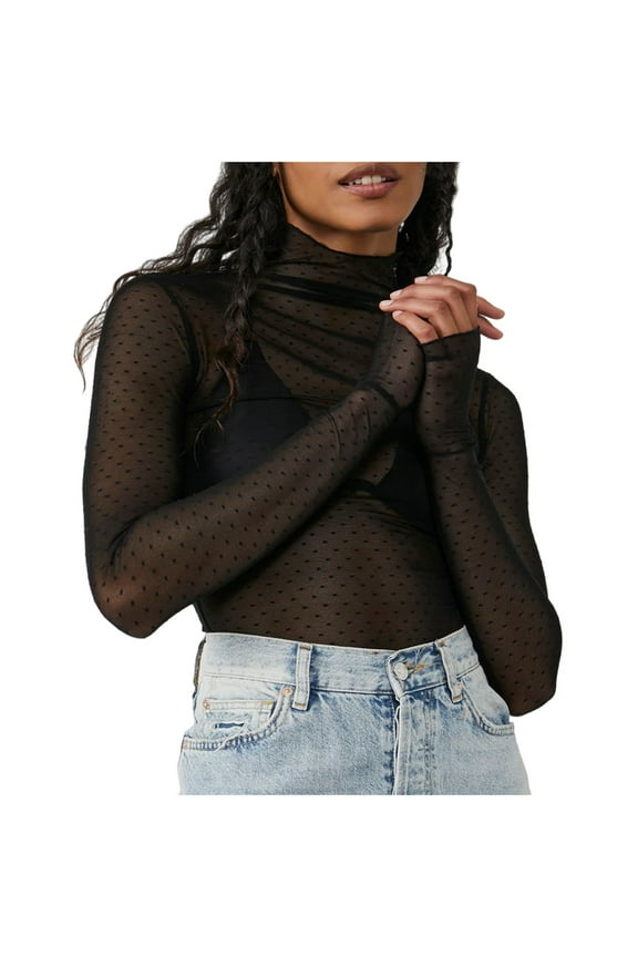 Clearances! Womens Mesh T-Shirt Long Sleeve Mock Neck Sheer Blouse Novelty Bodycon See Through Clubwear Breathable Tops(Black,Large)