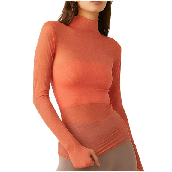 LbsKUS Clearances! Womens Mesh T-Shirt Long Sleeve Mock Neck Sheer Blouse Novelty Bodycon See Through Clubwear Breathable Tops(Red,Small)
