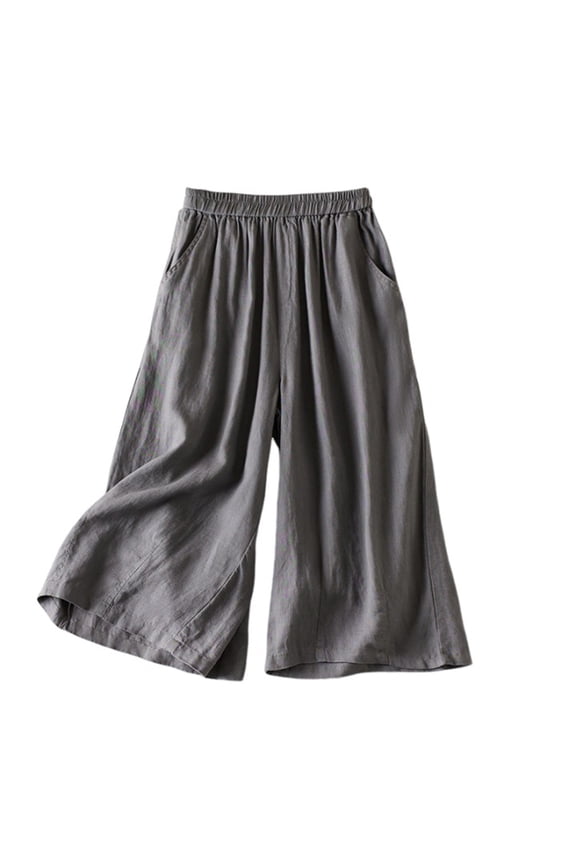 Cropped Wide Leg Pants for Women Cotton Linen Culottes Pants Fashion Elastic High Waist Flowy Palazzo Capri Pants with Pockets,Gray,L