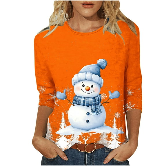 LbsKUS Christmas Shirts for Women Funny Xmas Snowman 3D Graphic T Shirts 3/4 Sleeve Tunic Tops Cute Pullover Sweater Ladies Gifts Trendy Crewneck Holiday Blouse(Orange,M)