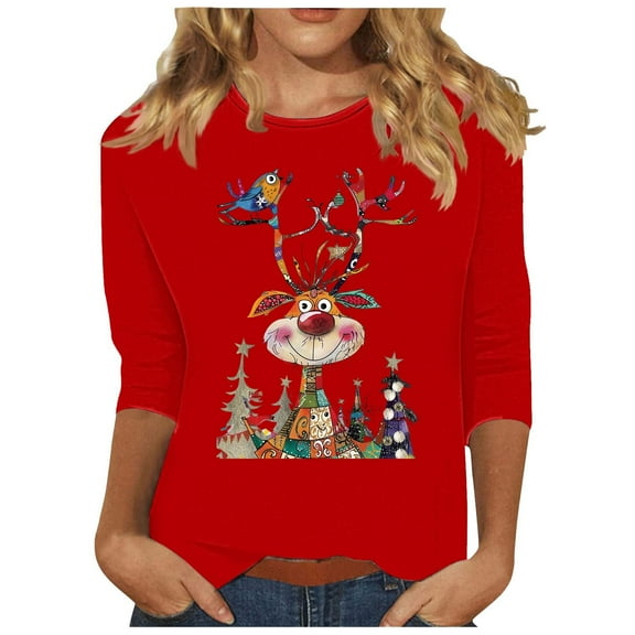 LbsKUS Christmas Tops for Women Cute Xmas Deer Bird Graphic Shirts Xmas Tree Tees Xmas Gifts Tops 3/4 Length Sleeve Casual T Shirts Loose Vacation Tunics Top(Red,L)
