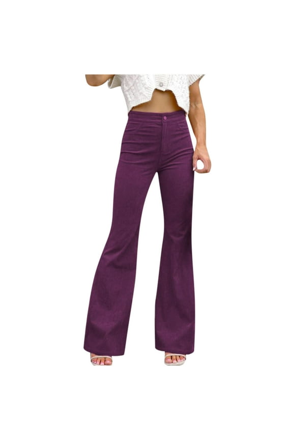 Flare Pants for Women High Waisted Stretchy Bell Bottom Jeans Crossover Trendy Tummy Control Flare Pants With Pockets Solid Color Breathable Bell Pants,Purple,XXXL