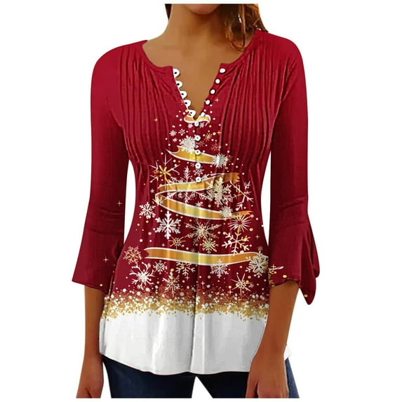 LbsKUS Deals,Women Christmas 3D Graphic Tops Cute Xmas Tree Shirts Xmas Gift Tees Loose Fit Tunic Blouses Casual 3/4 Length Sleeve T Shirts Trendy Pleated Button Shirt(Blue,M)