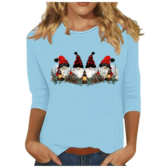 LbsKUS Deals,Women's 3/4 Sleeve Tops Cute Santa Claus Graphic Printed Tshirts Top Xmas Tree Graphic Blouse Casual Loose Fit Tees Funny Christmas Basic Shirt(Light Blue,M)
