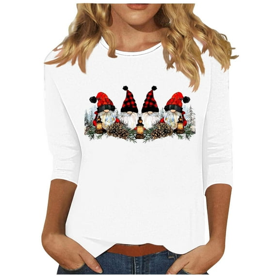 LbsKUS Women's 3/4 Sleeve Tops Cute Santa Claus Graphic Printed Tshirts Top Xmas Tree Graphic Blouse Casual Loose Fit Tees Funny Christmas Basic Shirt(White,M)