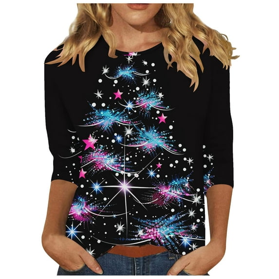 LbsKUS Deals,Women's Christmas Shirts 3D Glitter Graphic Tops Casual Crewneck Top Trendy Holiday Tunic Blouse Tees Casual 3/4 Sleeve Funny Shirt(Black,S)