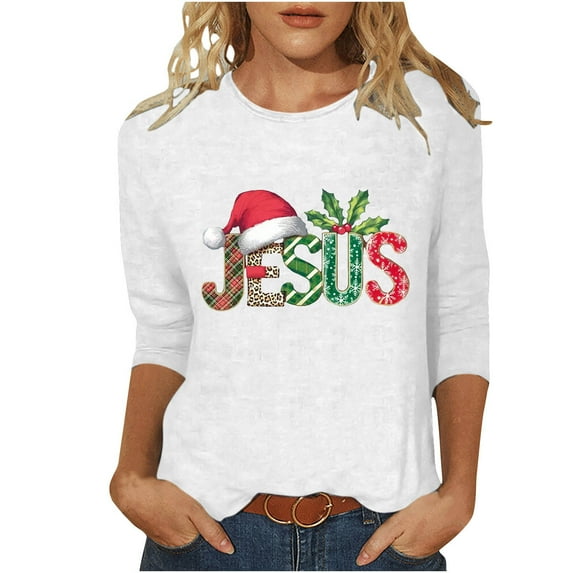 LbsKUS Deals,Women's Cute Christmas T Shirts Xmas Tree Tees Funny Santa Hat Graphic Shirt Fashion 3/4 Sleeve Tops 2024 Holiday Crew Neck Blouses(White,XXL)