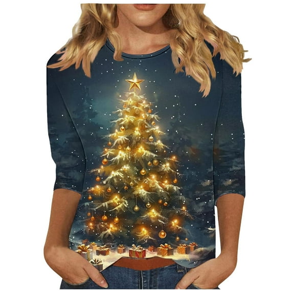 LbsKUS Women's Merry Christmas T Shirts 3/4 Sleeve Tops for Women Crewneck Snowflake Holiday Shirts Xmas Tree Graphic Blouse Casual Tunic Tees(Red,L)