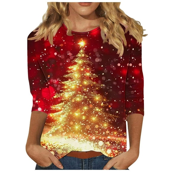 LbsKUS Women's Merry Christmas T Shirts 3/4 Sleeve Tops for Women Crewneck Snowflake Holiday Shirts Xmas Tree Graphic Blouse Casual Tunic Tees(Red,L)